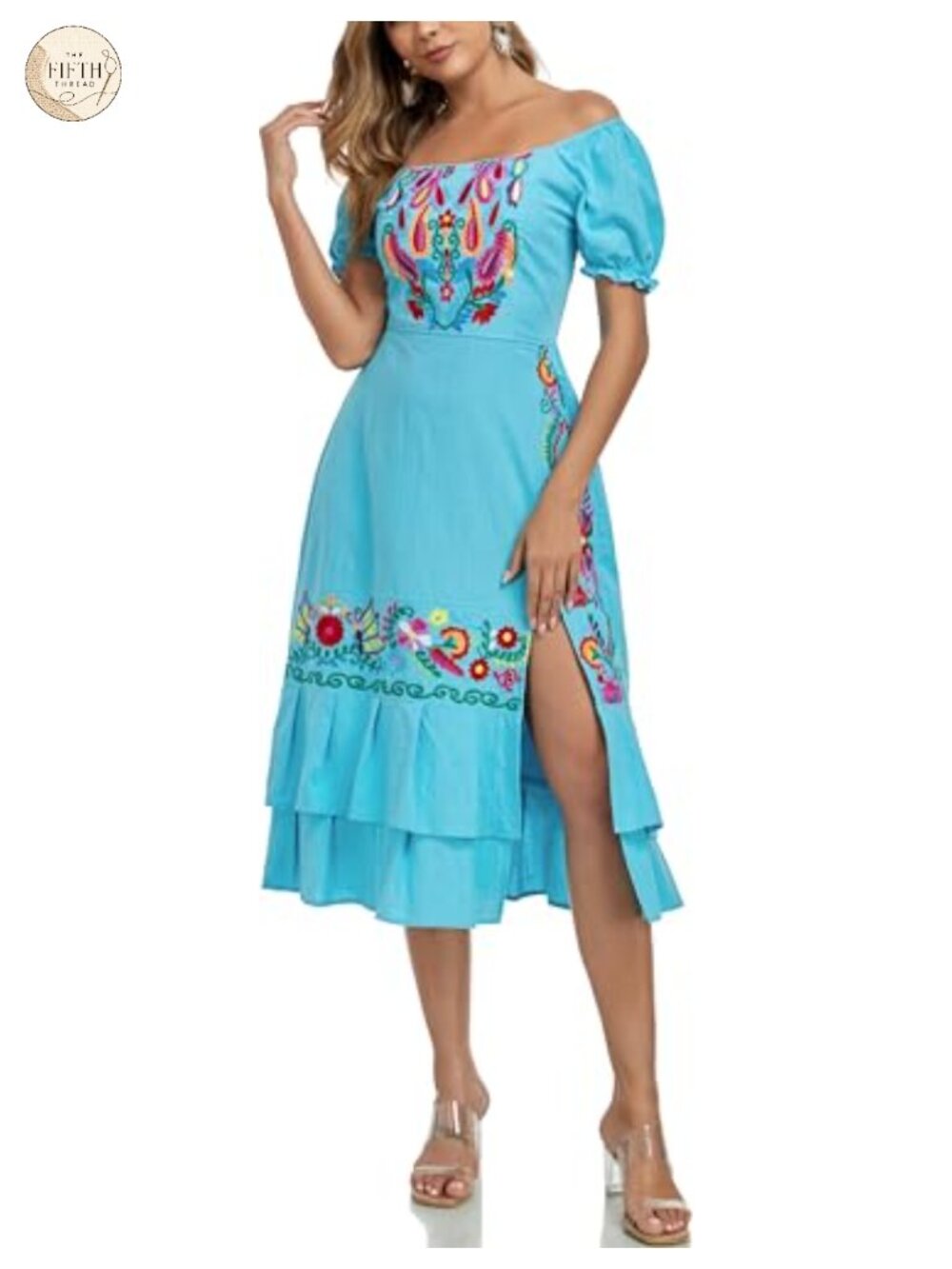 Mexican Boho Floral Embroidered Split Midi Dress Puff Sleeve Cotton Sundress